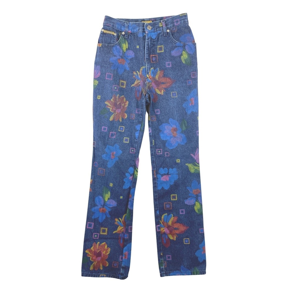 Byblos Blu Floral Straight Leg Jeans Womens 27 Blue High Rise Vintage 90s